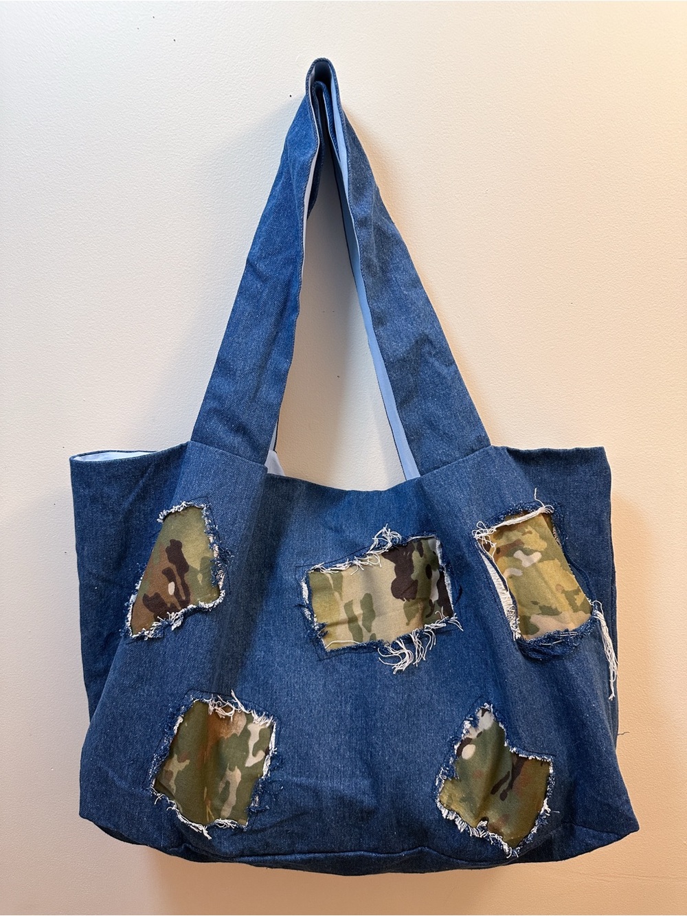 Handmade Blue Denim Green Camo Patches Frayed Deep Wide Xtra Large Tote Bag